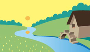 Illustration eines Flusses an dem eine Mühle steht