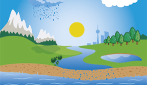 Illustration einer Landschaft mit Himmel, Sonne, Bergen und Wolken