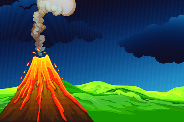 Illustration eines roten Vulkans in der Landschaft